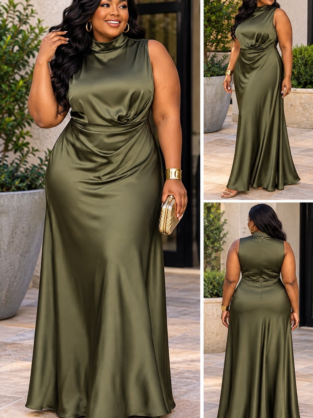 Lulus Classic Elegance Olive Satin Sleeveless Mock Neck Maxi Dress 3X NWOT